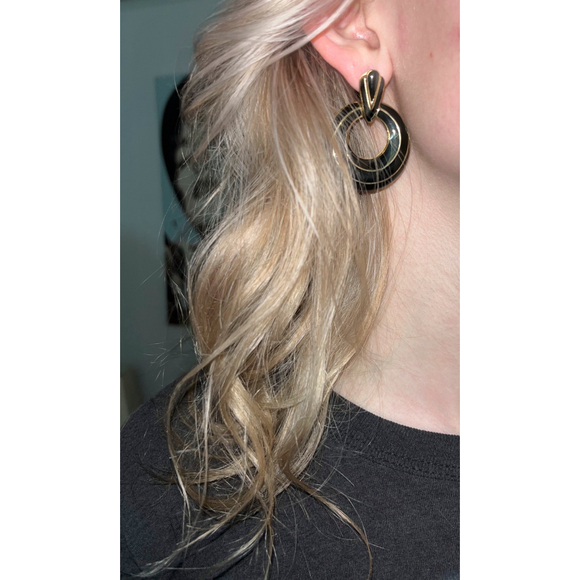 Gold and Black Enamel Earrings - Picture 2 of 3